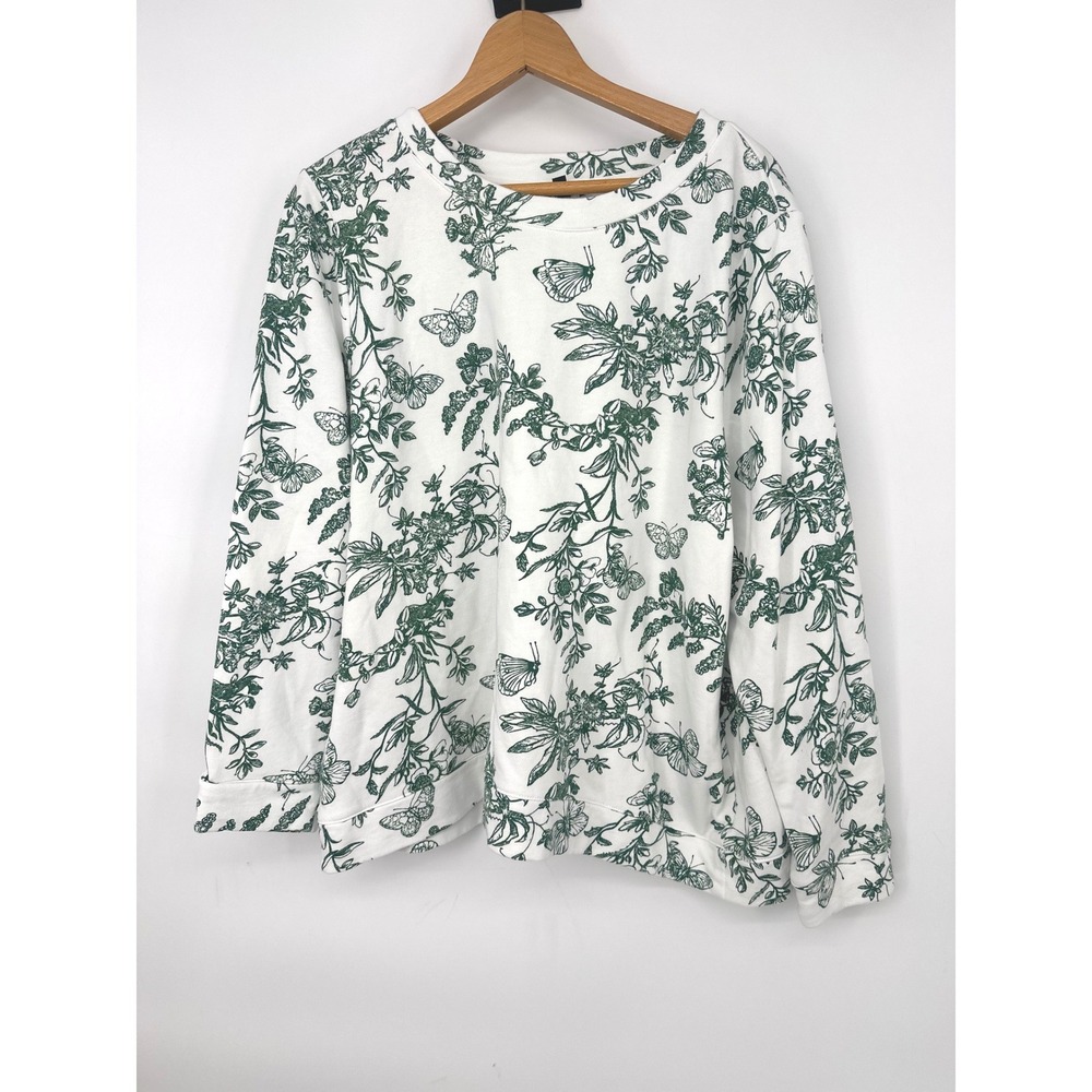 Talbots Plus Sweatshirt Womens 2X White Green Floral Butterfly Toile Print